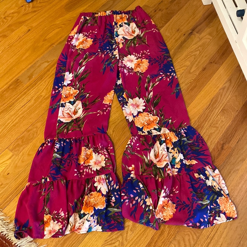 Pink Lily tropical flowy wide leg  pant